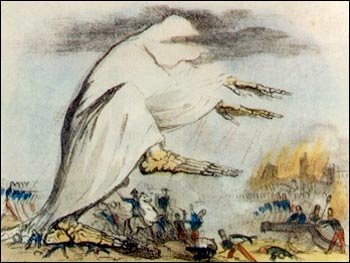 Cartoon representation of cholera as a skeletal figure over a battlefield