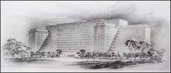 Black and white sketch of a large building